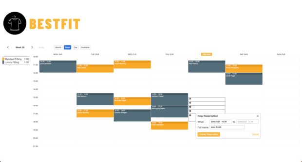 Example of a SuperSaaS schedule on a computer for fitting services