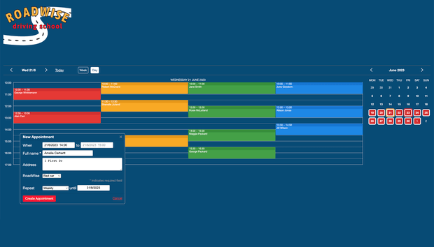 Example of a SuperSaaS schedule on a computer for driving instructors