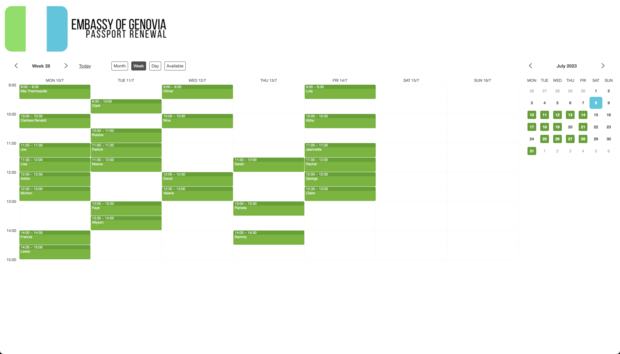 Example of a SuperSaaS schedule on a computer for embassies & consulates