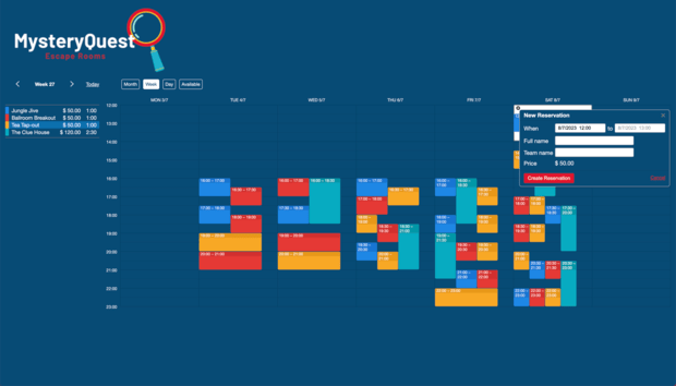 Example of a SuperSaaS schedule on a computer for escape rooms