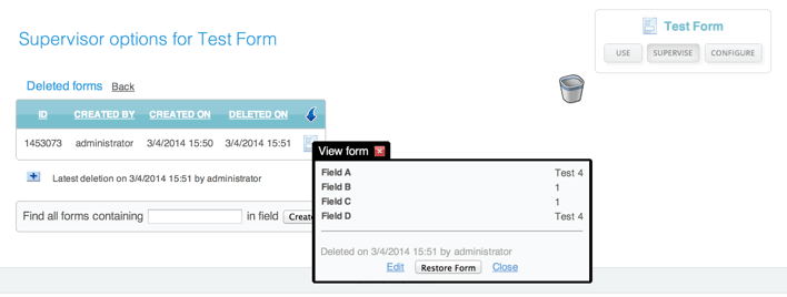 Overview of forms in trash