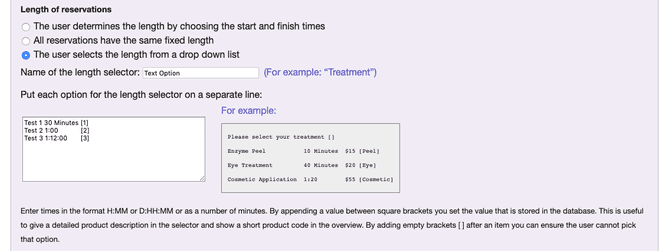 Selection list with options for length selector