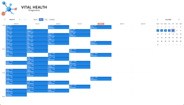 Example of a SuperSaaS schedule on a computer for medical tests and vaccination services