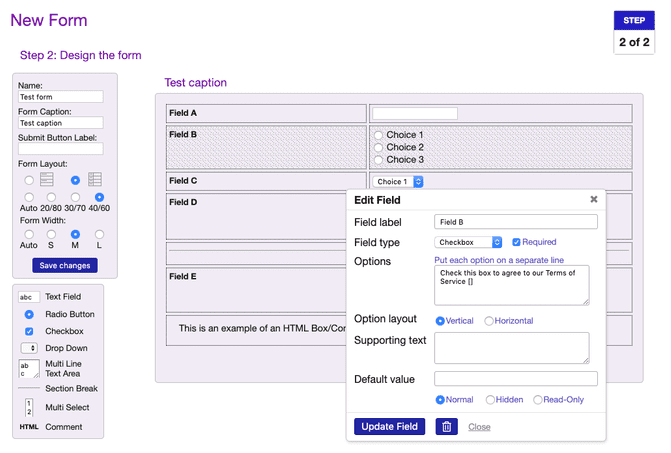 Adding fields to a new form