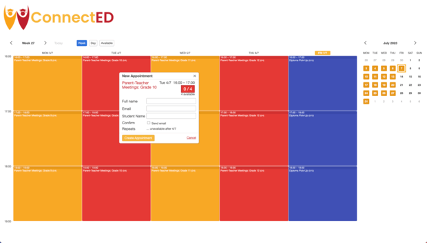 Example of a SuperSaaS schedule on a computer for parent-teacher meetings