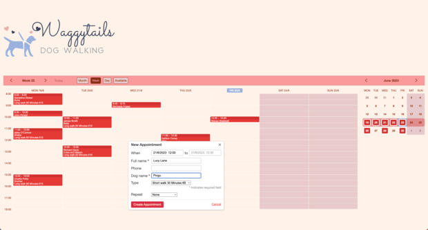 Example of a SuperSaaS schedule on a computer for pet care services
