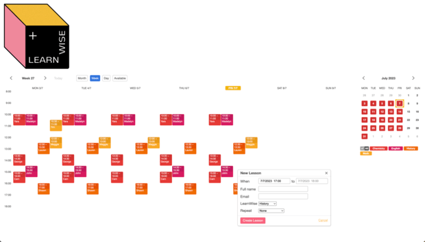 Example of a SuperSaaS schedule on a computer for offering private lessons
