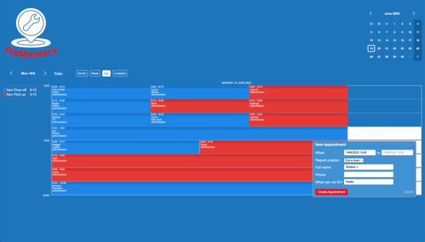 Example of a SuperSaaS schedule on a computer for maintenance & repair services